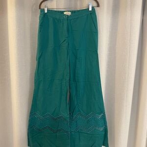 elevenses Teal Wide-Leg Pants with Lace Trim